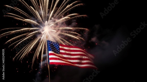 American flag with fireworks on black background. USA independence day concept. Generative AI.