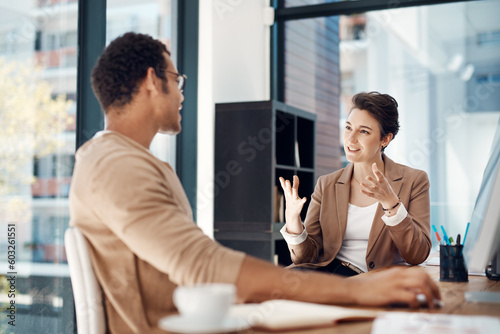 Mentor, training and a woman manager with an employee in the office for coaching on company vision. Management, meeting and a female business person talking to a professional male colleague at work