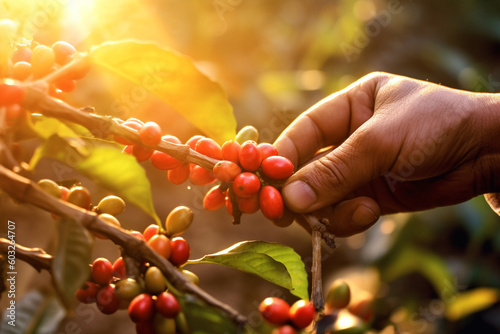 hand picking coffee berry in the early morning sunrise to make coffee commercials with Generative AI