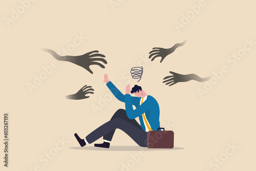 Fear or afraid of failure, struggle or shackle, feeling depressed or disorder, phobia, anxiety or stressed burnout or negative thinking concept, fearful businessman sitting with evil hand threaten.