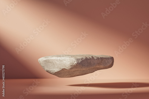 3d presentation pedestal or dais made of stone levitating in pink room illuminated by sunlight. 3d rendering of mockup of presentation podium for display or advertising purposes