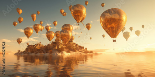 A mesmerizing scene of golden heart-shaped air balloons