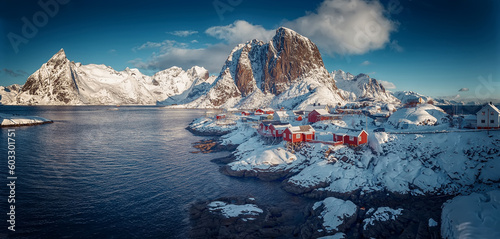 Hamnoy fishing village on Lofoten Islands, Norway with red rorbu houses in winter. Concept of Travel and holiday on nature, tourist and fishing leisure. Iconic location for landscape photographers