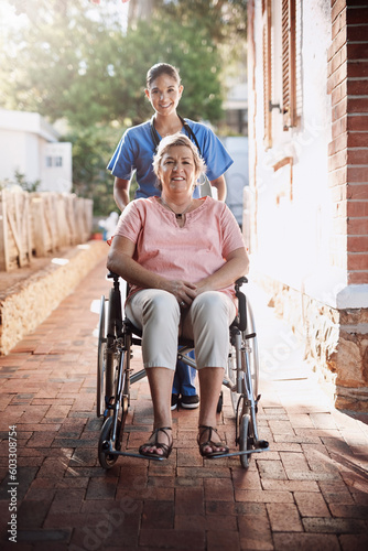 Senior woman, wheelchair and caregiver in portrait for homecare, healthcare service and disability support outdoor. Nurse helping, disabled patient or person, insurance and garden for mental health