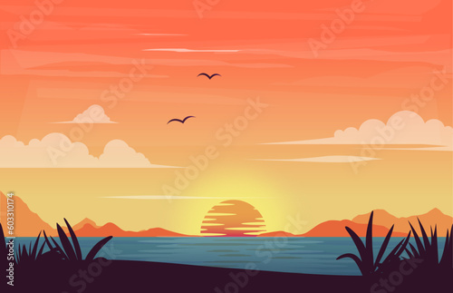 gradient beach palms and the ocean landscape background