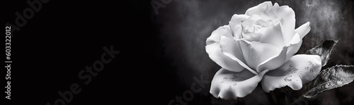 White rose on a dark background. Condolence card. Copy space for name, text or quote. Black and white illustration. Generative AI