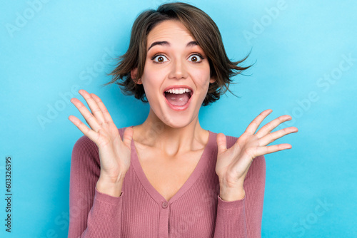 Close up photo of funny excited lady open mouth good news wear pink shirt buttons isolated blue pastel color background