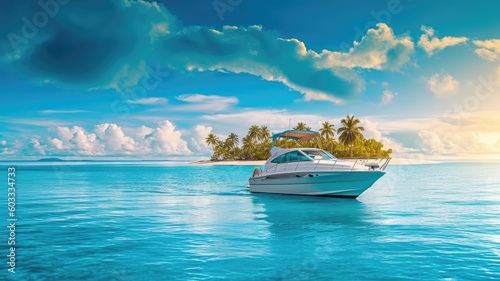 Motorboat on tropical sea, speedboat sailing, motor yacht on the summer holiday island seascape 