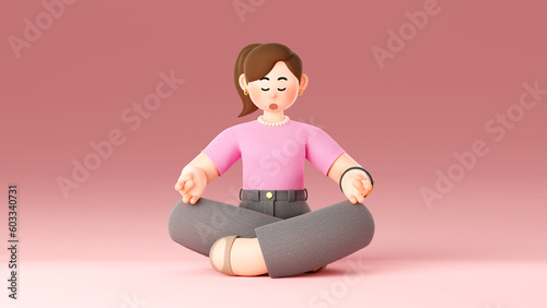 3d character illustration of a young Asian office worker woman sitting cross-legged, closing her eyes and taking a deep breath to relax in meditation
