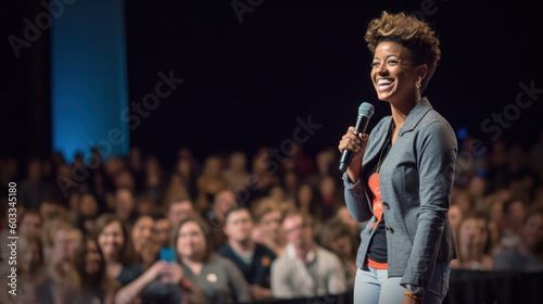 Exited woman motivational speaker on stage. Diversity, Success, Leadership, STEM concept. Generative AI.