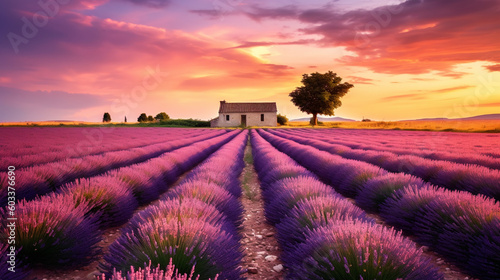 Summer sunset landscape with lavender fields in France. Sunset over lavender field in Provence, France. Picturesque summer nature landscape and agriculture area.