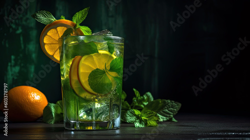 Fresh orange lemonade with ice decorated with mint twigs and orange slices on the black background with copy space, generative AI