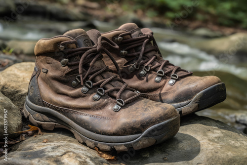 Dirty old outdoor hiking boots, shoes, footwear in a small richer with stones in the nature during daytime (generative ai)