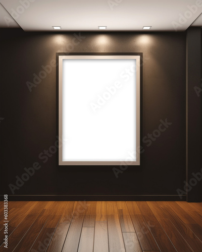 Frame mockup on dark wood wall with gallery lighting, AI generated
