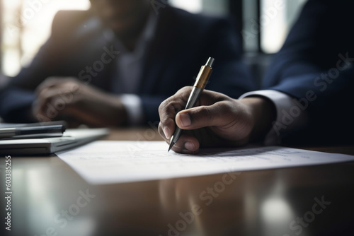 Blurred image of a person signing documents at a desk, business, blurred Generative AI