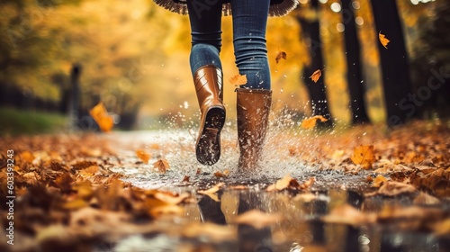 Lady wearing rain adaptable boots strolling running and hopping into puddle with water sprinkle and drops in collect time rain. AI Generated