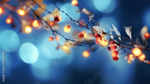 occasion brightening and beautification concept christmas wreath bokeh lights over hopeless blue foundation. AI Generated