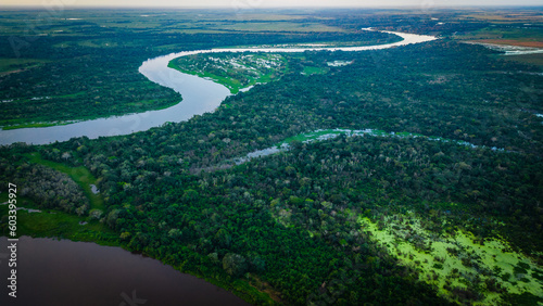 Aerial Drone Fly Above Pantanal Tropical Wetland Natural Region Flooded of Grasslands, Establishing Shot Brazilian Mato Grosso do Sul