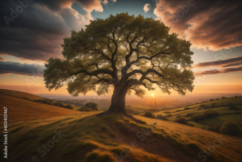 View of oak tree on hill against cloudy sky during sunset. Lonely green oak tree in the field. Old oak tree in an English meadow. Generative AI