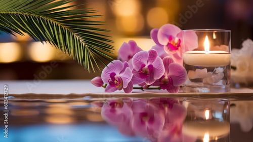 romantic spa resort ,tropical flowers candle blurred light white towel cozy relaxing meditation massage salon background generated ai