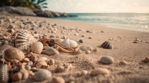  shells and seashells on a sandy beach with the ocean in the background. generative ai