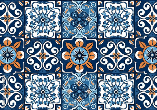 typical colorful sicilian floor and wall tiles in different patterns and designs mainly in blue, and white color 