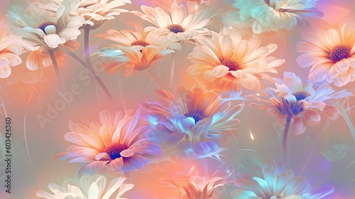  a bunch of flowers that are on a wallpaper with a blue and orange background and a pink and blue background with a blue and orange flower. generative ai