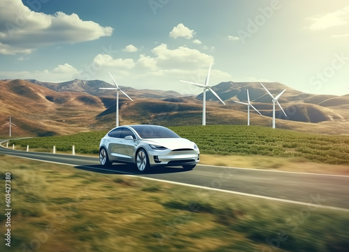 Car drives along a mountain road against the backdrop of wind turbines. Alternative energy for the car. An electric car against the backdrop of wind turbine farms. Generative AI