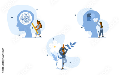 mental health care illustration set. Character with stress, depression, emotional burnout and problems in the head. woman did yoga. women recovered stress. psychotherapy concept. vector illustration.