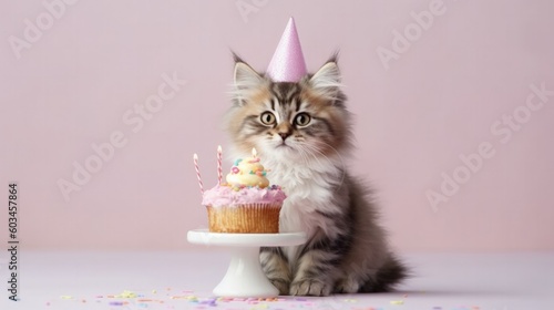 Birthday cat with cake. Illustration AI Generative.