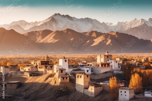 View the landscape and cityscape of leh ladakh village with Himalaya mountain range from the viewpoint of leh stok palace while