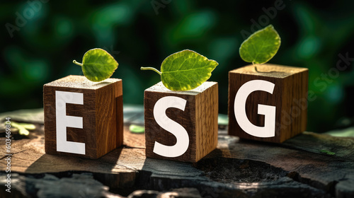 Drei Holzwürfel mit grünen Blättern und den Buchstaben ESG (Environmental, Social and Governance) - Regelwerk zur Bewertung für nachhaltige, ethische Praxis in Unternehmen. (Generative AI)