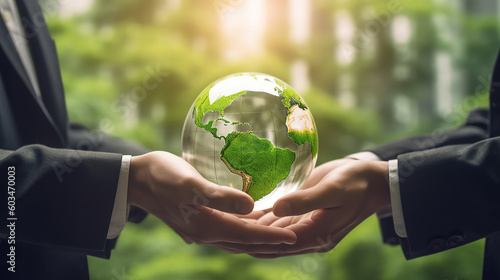 Geschäftsmänner halten eine Weltkugel mit Naturgrün, symbolisch für Environmental, Social and Governance (ESG) - Regelwerk zur Bewertung für nachhaltig, ethische Praxis in Unternehmen.(Generative AI)
