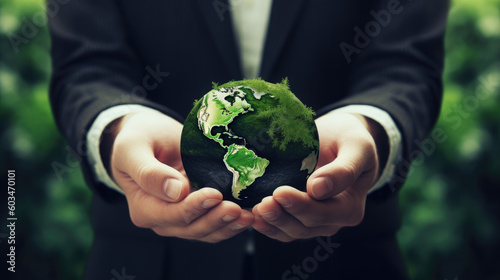 Geschäftsmann hält eine Weltkugel mit Naturgrün, symbolisch für Environmental, Social and Governance (ESG) - Regelwerk zur Bewertung für nachhaltig, ethische Praxis in Unternehmen.(Generative AI)