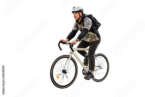 Cyclist courier guy fast food delivery to order, ecotransport, bag. Transparent background, png.