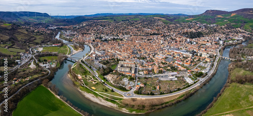Aerial view around the old town of the city Millau in France on a sunny day in early spring 