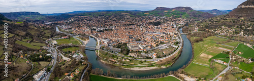Aerial view of the old town of Millau in France on a sunny afternoon in spring.