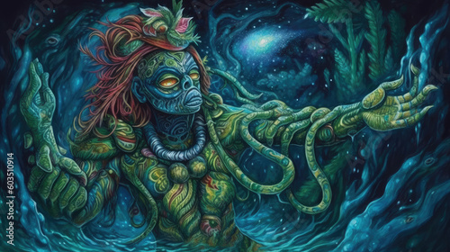 fantasy alien snake shaman in the jungle moonlight - by generative ai