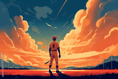 Baseball Player Looking Up into the Heavens Clouds Sky Landscape Generative AI