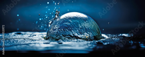 Macro photo of a water bubble, panoramic web banner or background in blue colors, generative AI