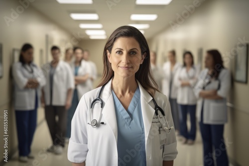 Group portrait photography of a grinning doctor in her 40s wearing a scrub or lab coat with doctors nurses therapists. Generative AI
