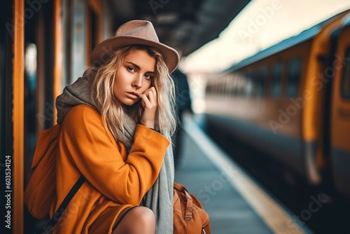 Young traveler waits impatiently for the departure of her train. Ai generated.