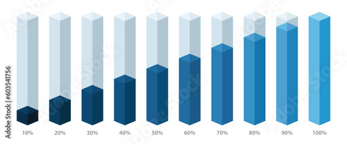 Blue gradient slim chart bars template, 10% to 100% number text. Flat design interface illustration inforchart infographic elements for app ui ux web banner button vector isolated on white background