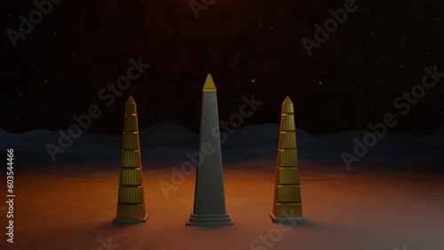 Obelisks in desert sand. Towering golden tip obelisk with smaller gold obelisks at sides. 3d render illustration