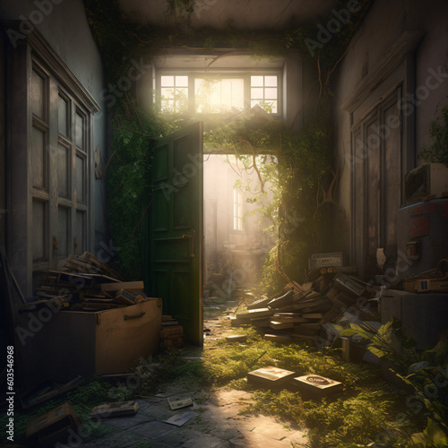 A room with a doorway and a bunch of boxes on the floor covered by grass in a post-apocalyptic setting Generative Ai
