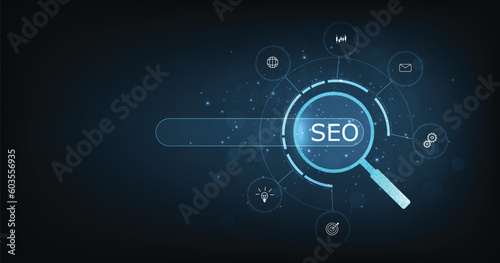 (SEO) Search Engine Optimization. Internet technology for business company. Search engine optimization (SEO) concept on dark blue background. 