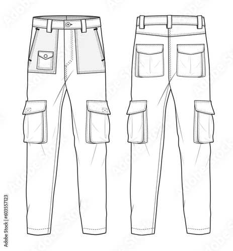 Men's cargo pant front and back view flat sketch vector illustration mockup template