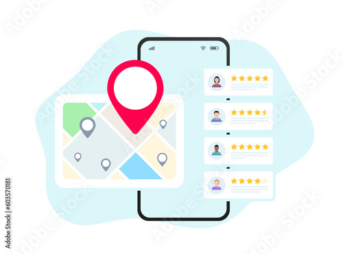 Local SEO for small businesses. Marketing based on customer ratings and reviews. Listings with maps, red pins, and star ratings for nearby places. Flat vector illustration isolated on white background