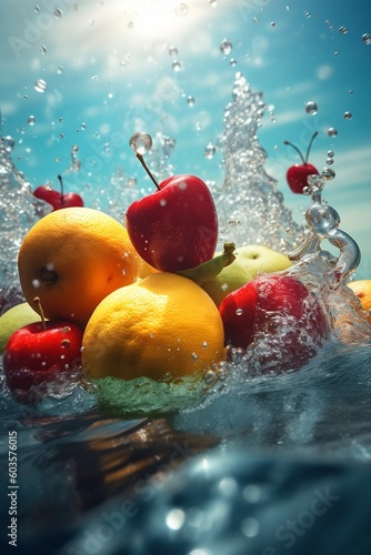 water market fresh food strawberry drop healthy fruit vitamin green background. Generative AI.