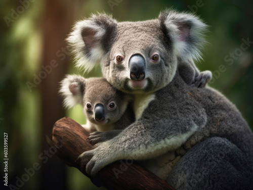 A mother koala with her baby in the forest